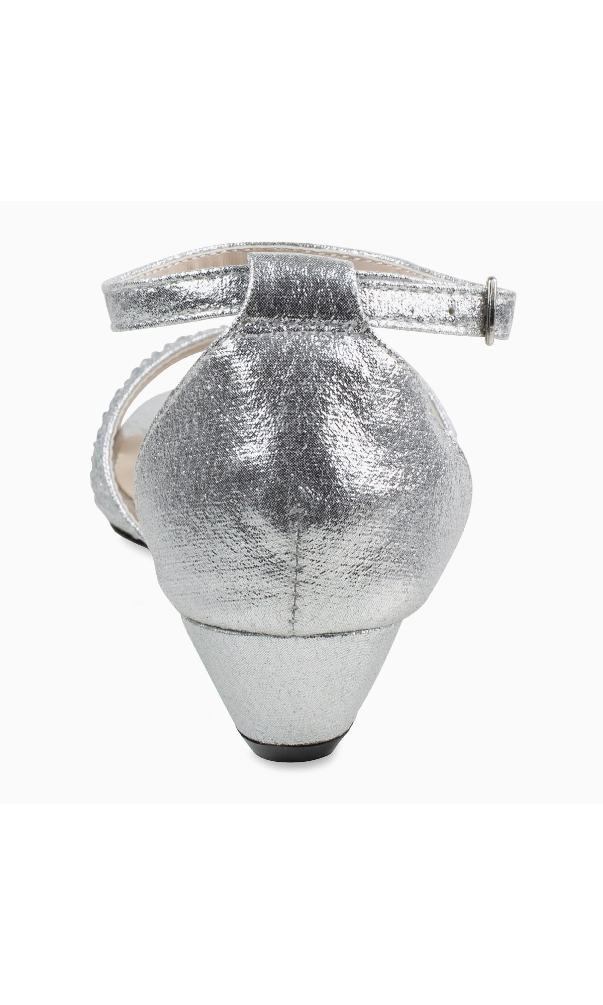 Rear view of Iris Silver Wedge Prom Shoes: Touch Ups 4626—a metallic silver closed-heel shoe with an ankle strap and low, tapered block heel, ideal for anyone seeking elegant and stylish silver wedge prom shoes.